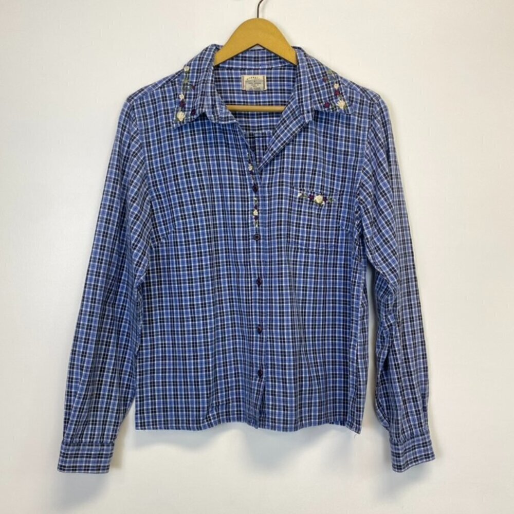 Vintage Wrangler Blue Plaid Button Down With Embroidered Flowers